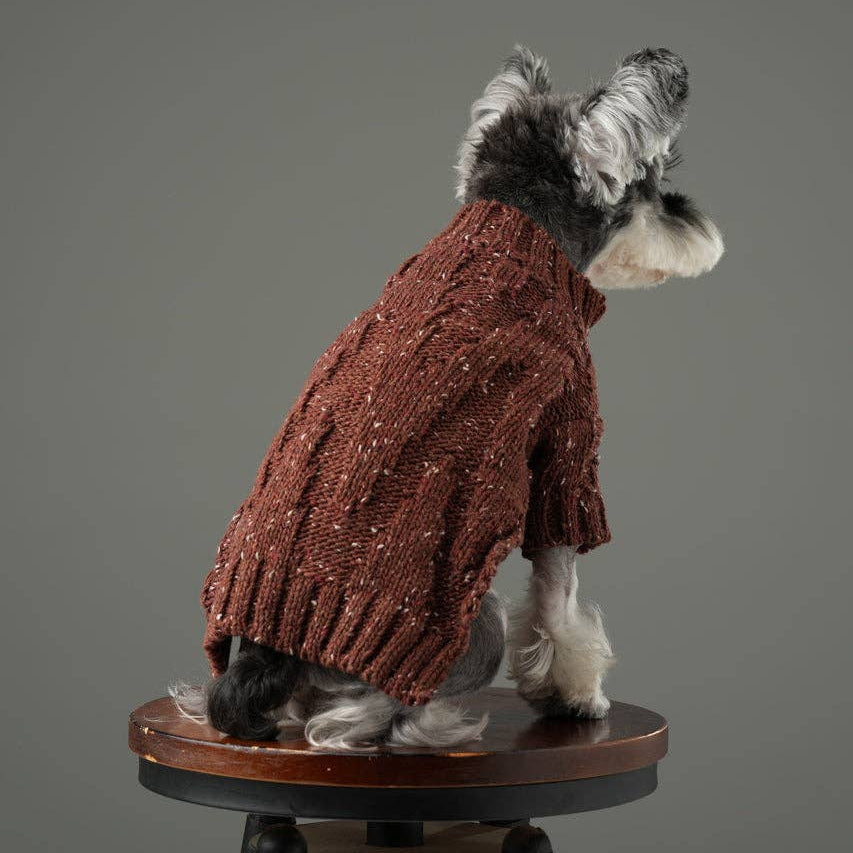 Dog wearing a brown sweater on a wooden stool against a gray background