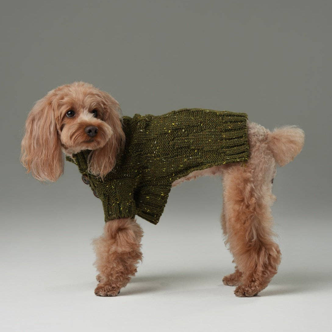 Vintage chest button detail on the Glacier Pet Sweater