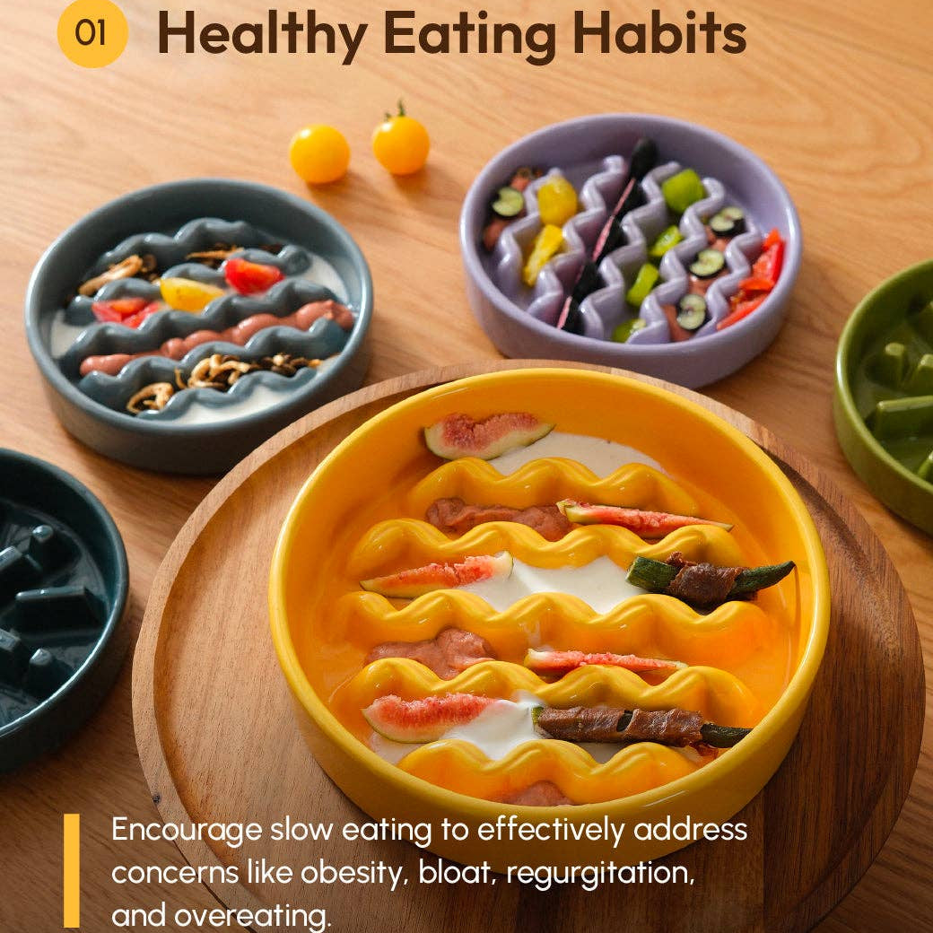 Colorful ceramic plates with wavy designs on a wooden surface, promoting healthy eating habits.