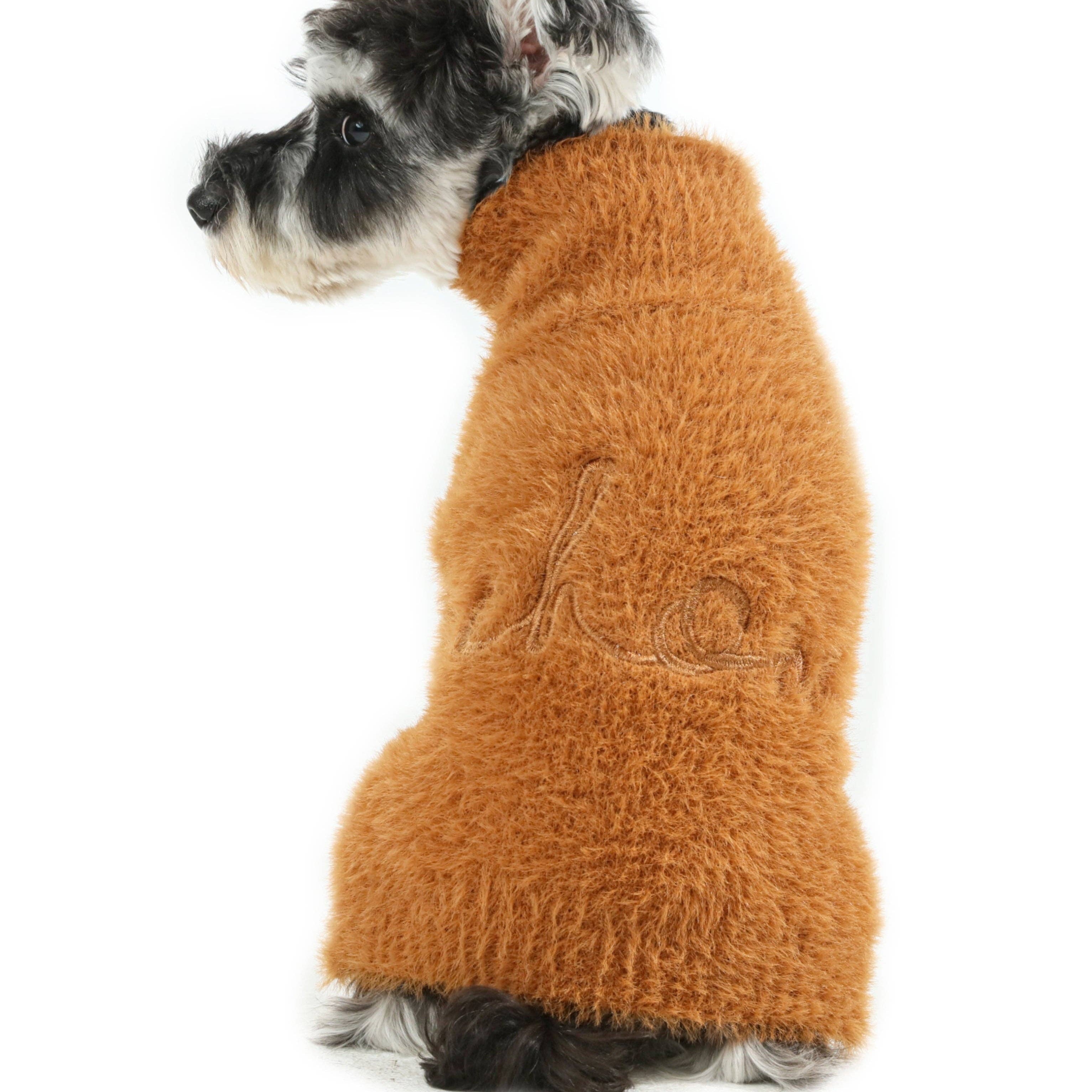 Dog wearing a brown knitted sweater on a white background