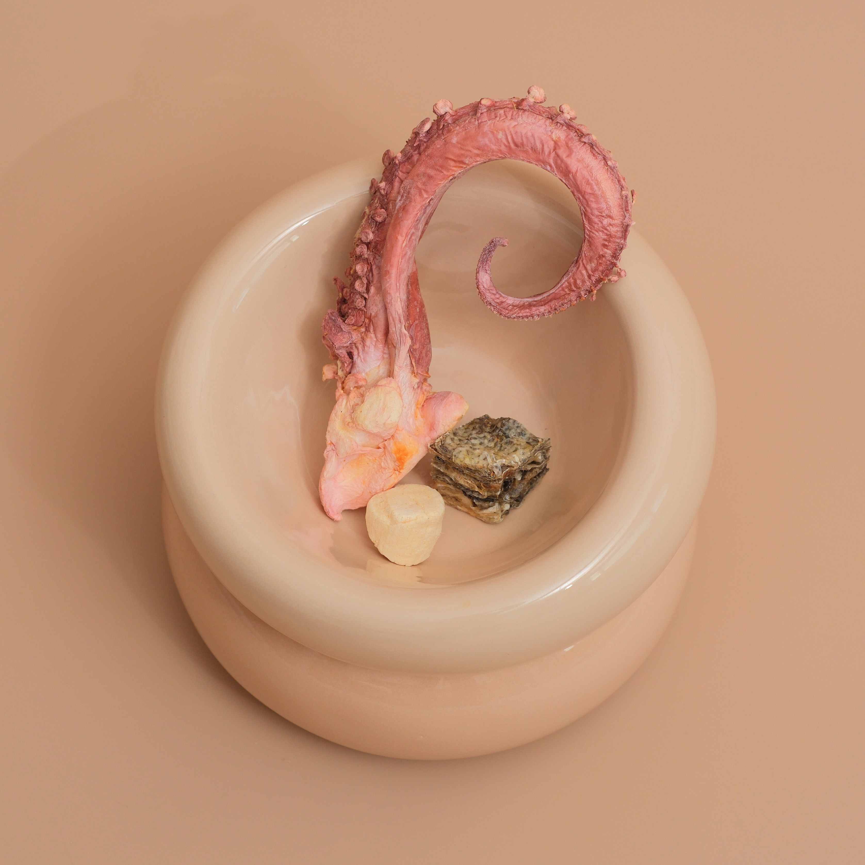 Pink octopus tentacle on a beige ceramic dish with a beige background