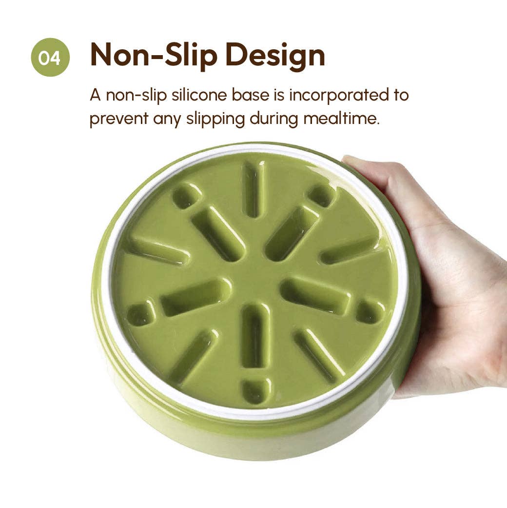 Green pet feeder with non-slip silicone base held by a hand on a white background