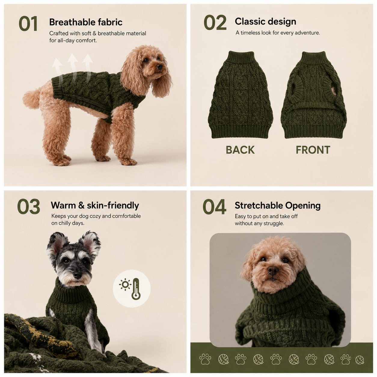 A four-panel marketing graphic for a dog sweater. The top-left panel shows a small brown poodle wearing the sweater, with text describing breathable fabric.