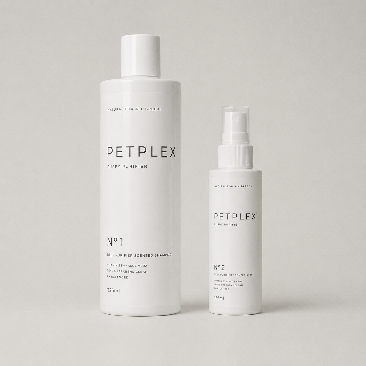 Two Petplex pet care products on a light gray background