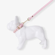White dog figurine wearing a pink leash on a white background