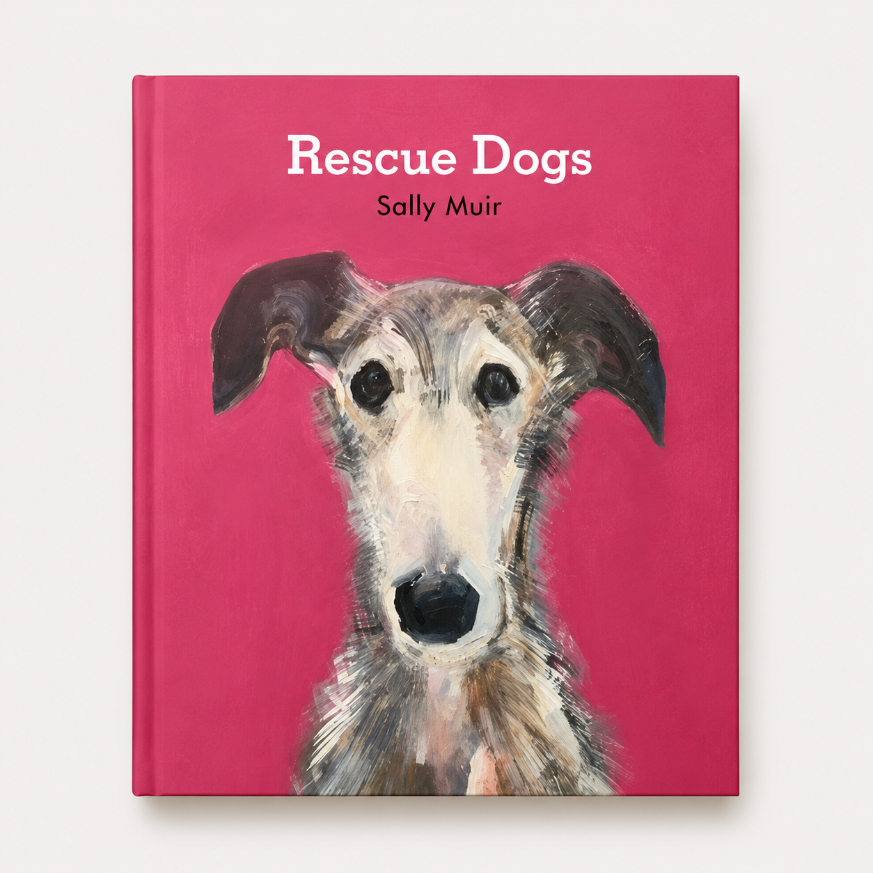 Book cover of 'Rescue Dogs' by Sally Muir with a dog illustration on a pink background