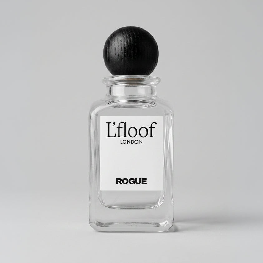 Perfume bottle labeled 'L'floof London' on a gray background