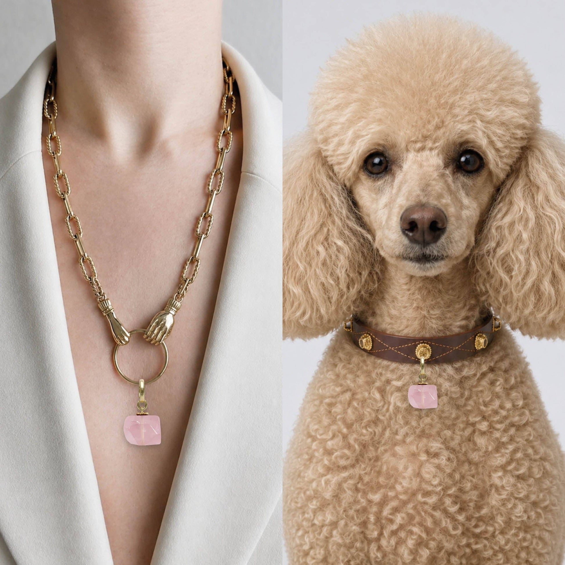 Rose quartz-inspired dog collar charm by Unleash CPH