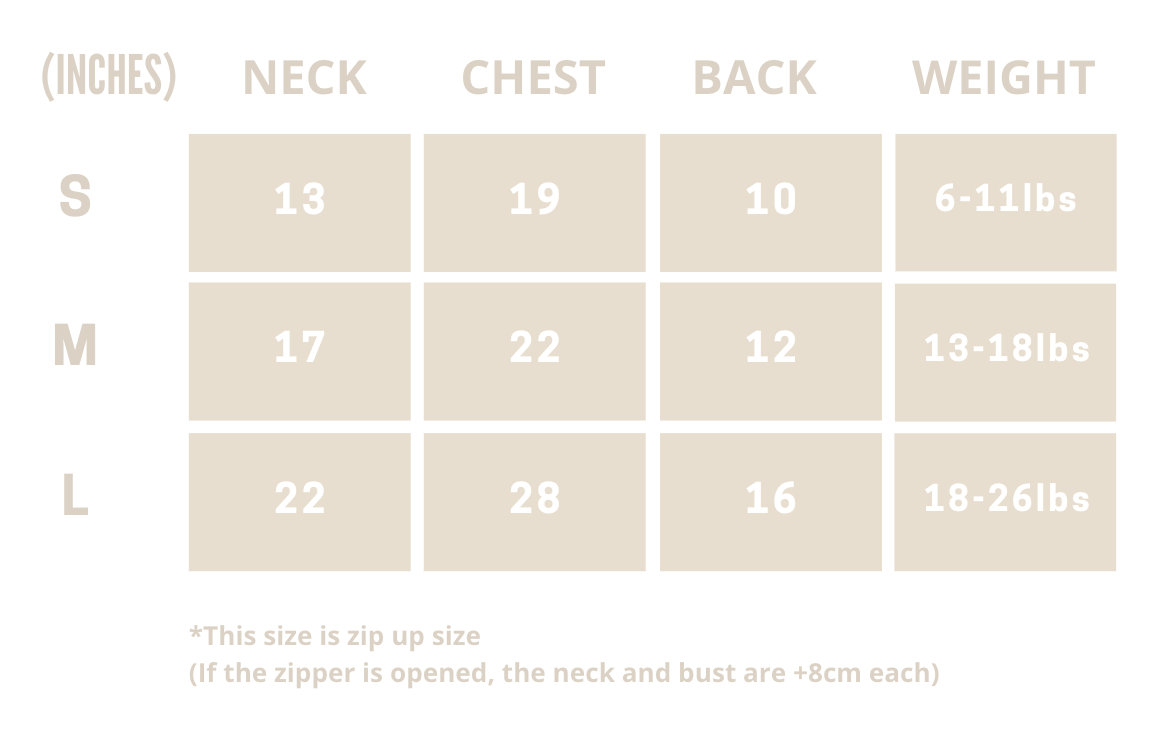Size chart for clothing with measurements in inches and weight in pounds.