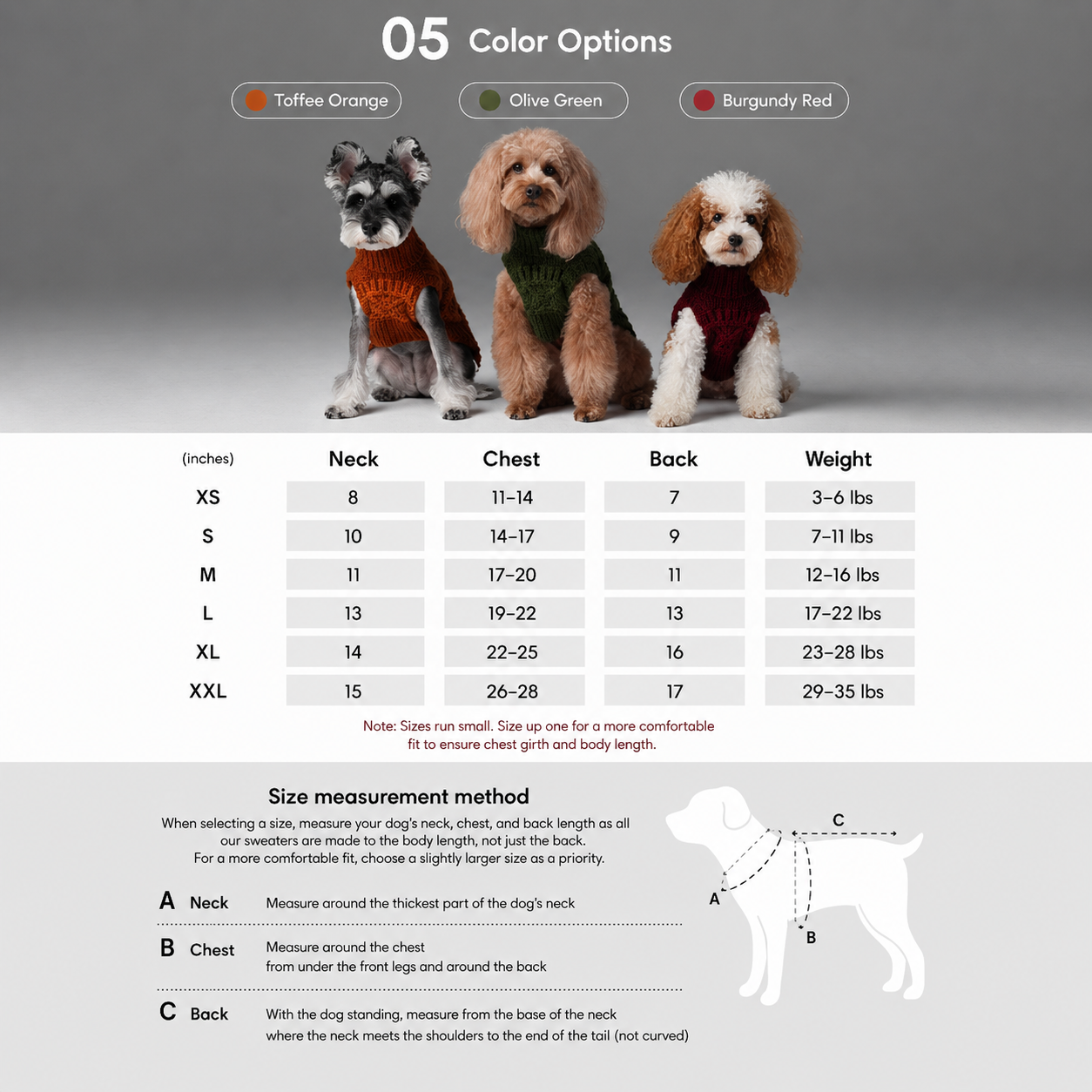 A size chart and color options graphic for a pet collar. The top section shows three dogs wearing the collar in Toffee Orange, Olive Green, and Burgundy Red, with the text '05 Color Options' at the top.