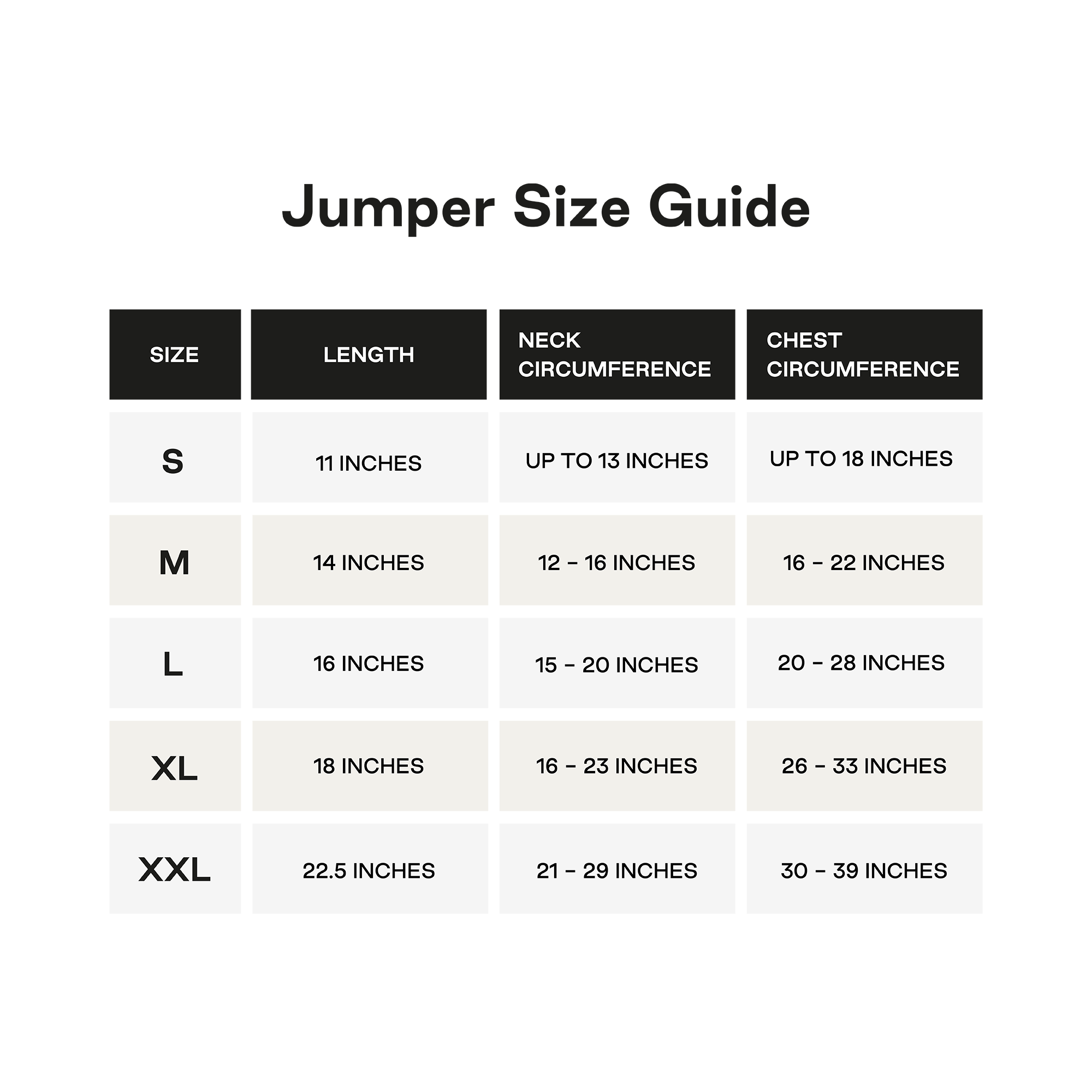 Jumper size guide with measurements for length, neck circumference, and chest circumference.