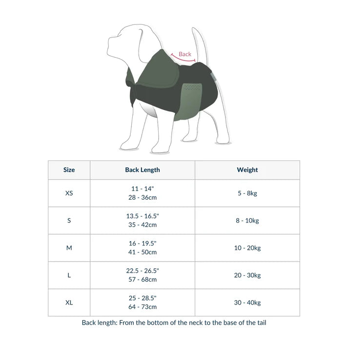 Dog coat size chart with measurements and weight ranges on a white background