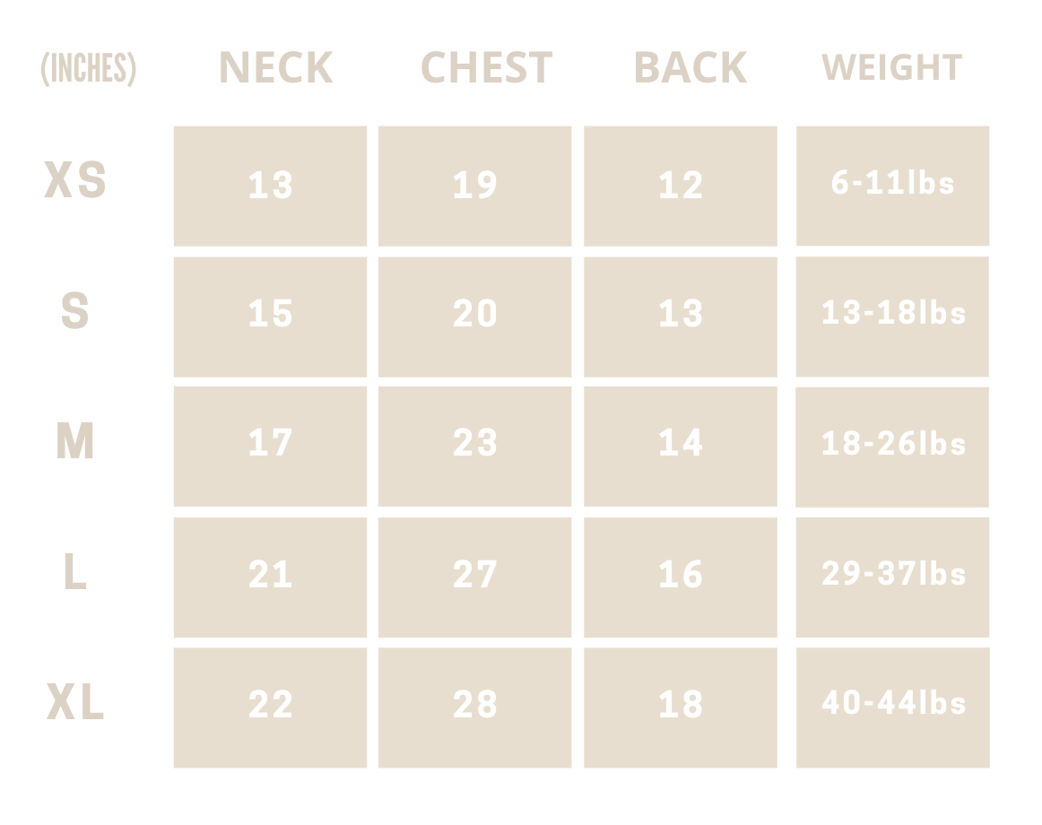 Size chart for clothing with measurements in inches and weight ranges.