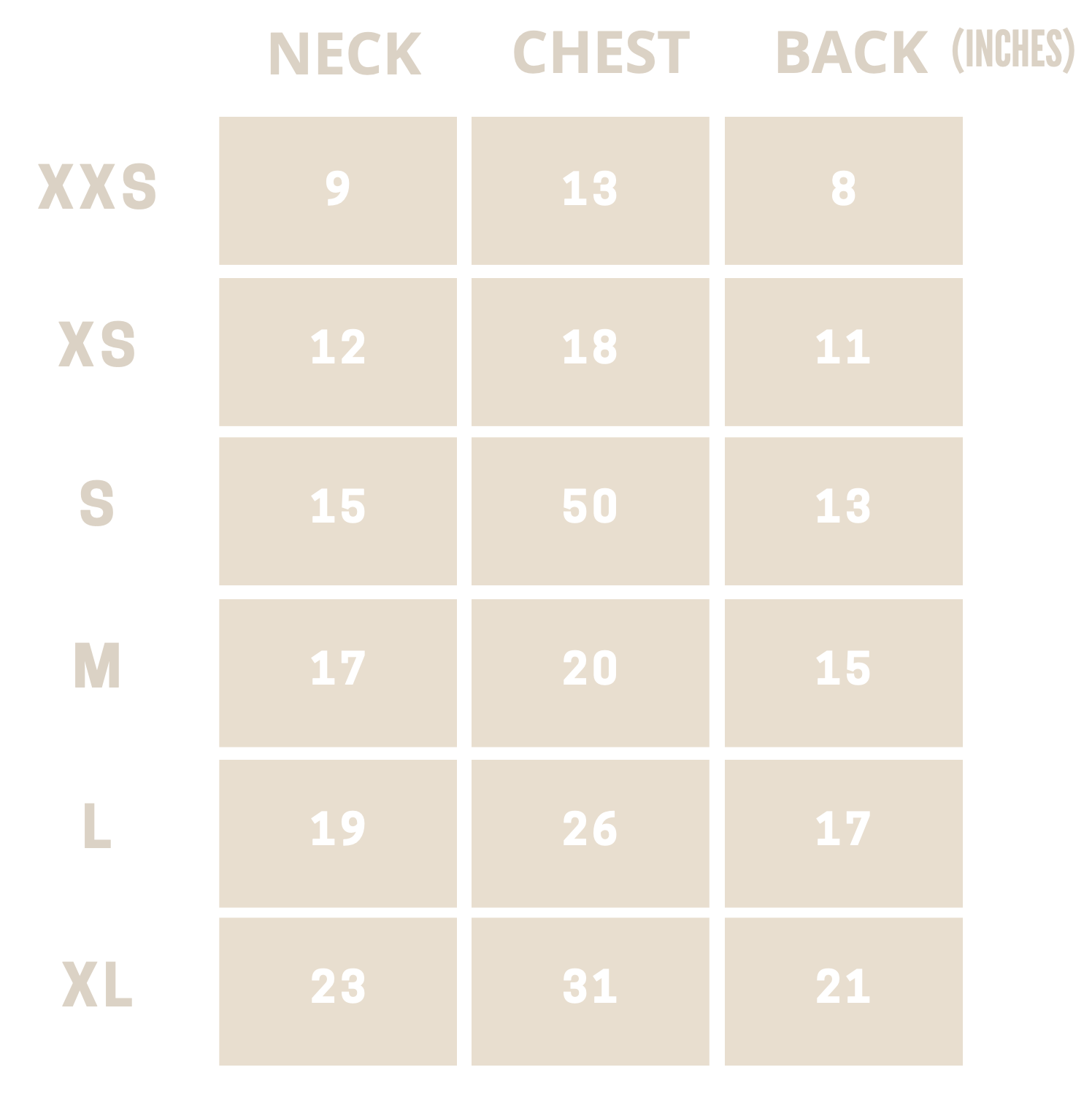 Measurement chart for neck, chest, and back sizes in inches on a beige background
