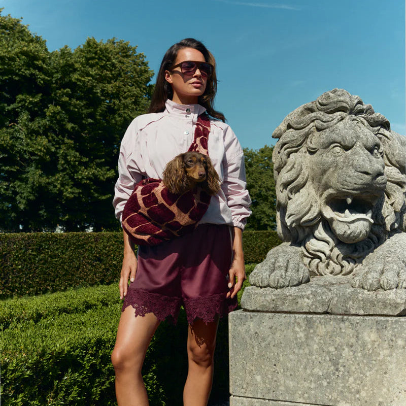 Woman holding a dog in a garden with a stone lion sculpture in the background
