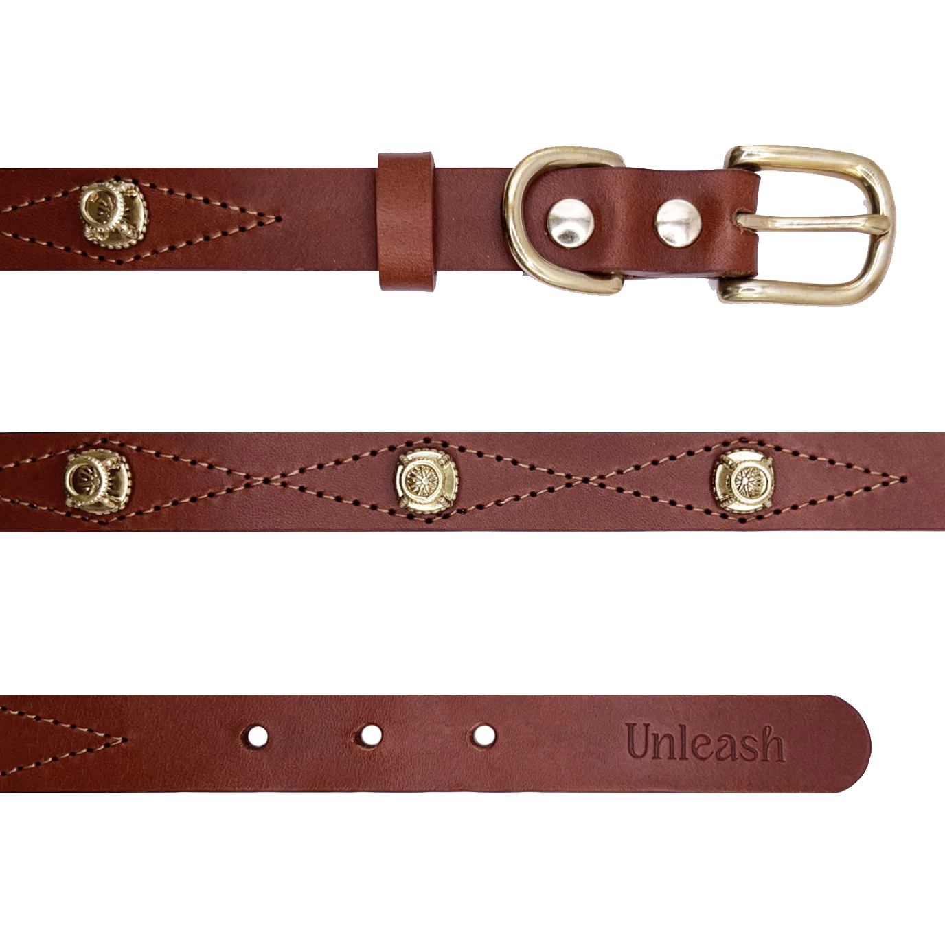 Brown leather belt with gold hardware and 'Unleash' engraving on a white background