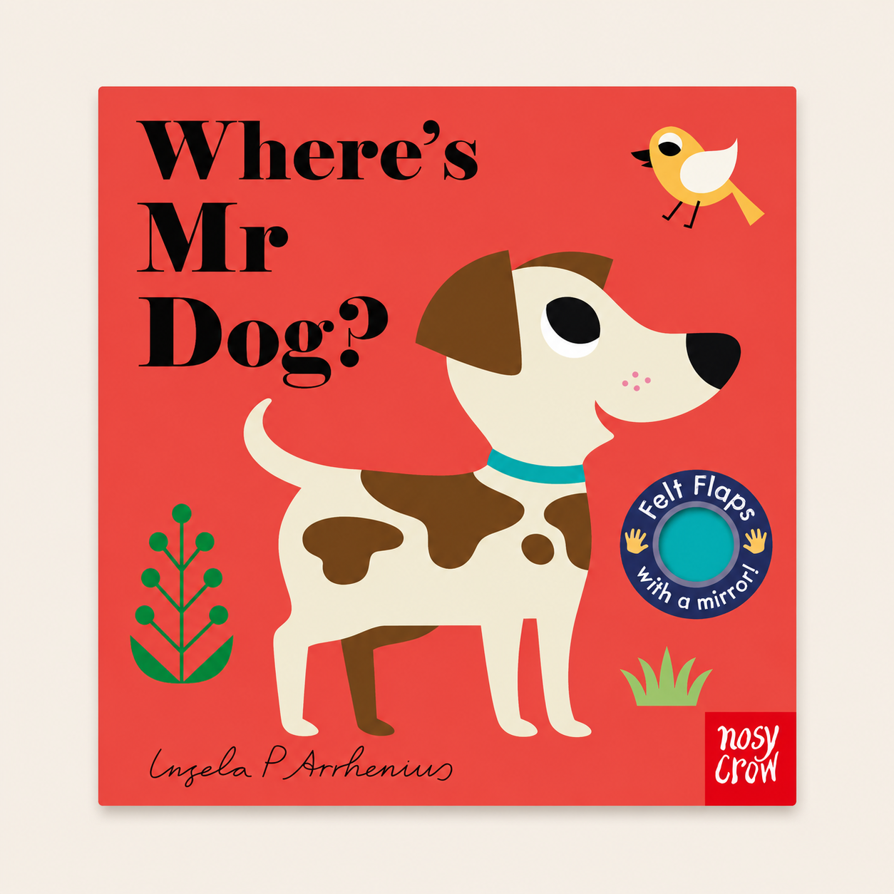 Book cover of 'Where's Mr Dog?' with a red background, dog illustration, and felt flaps feature.