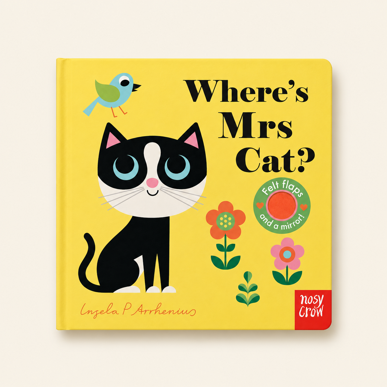 Book cover of 'Where's Mrs Cat?' with a cat illustration on a yellow background